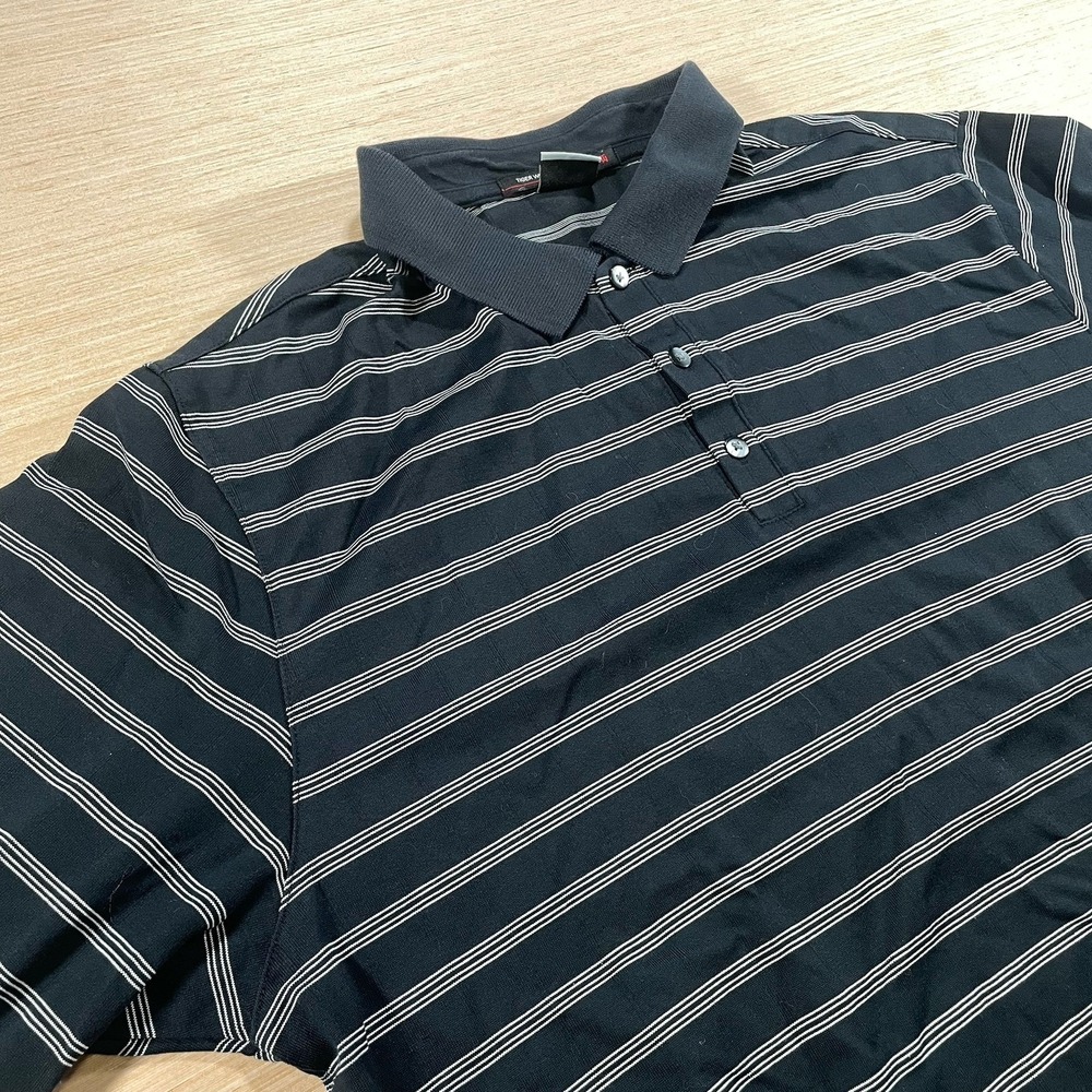 Nike Tiger Woods Collection Polo Shirt Mens Large Black Stripe Dri Fit‎ Golf